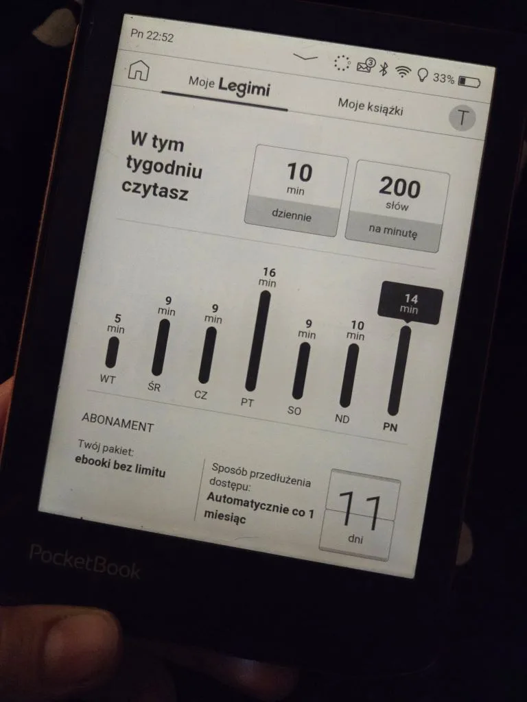 Statystyka czasu czytania z czytnika - średnio 10 minut dziennie.